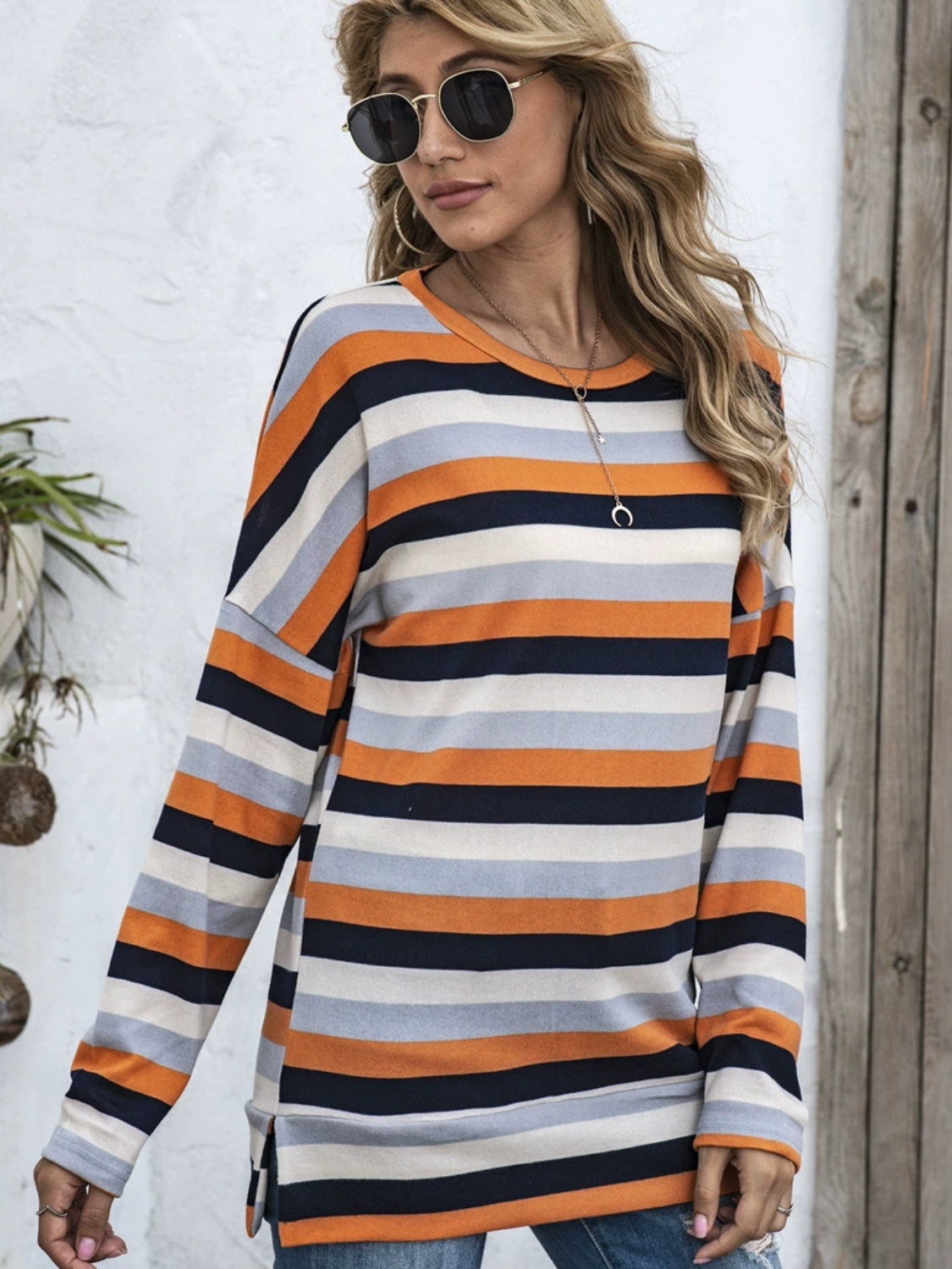 Full Size Striped Round Neck Long Sleeve T-Shirt Plus Size-TOPS / DRESSES-[Adult]-[Female]-2022 Online Blue Zone Planet