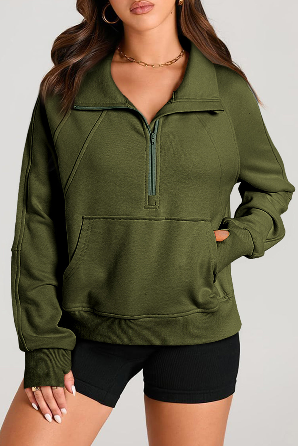 Brown Quarter Zip Stand Neck Kangaroo Pocket Sweatshirt-Tops/Sweatshirts & Hoodies-[Adult]-[Female]-Moss Green-S-2022 Online Blue Zone Planet