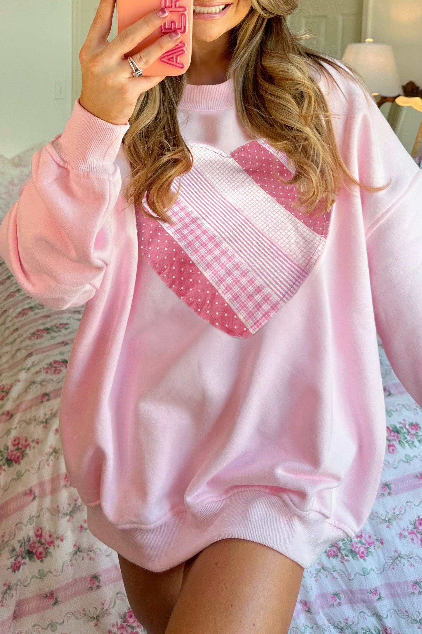 Light Pink Sweetheart Patchwork Oversize Sweatshirt-Tops/Sweatshirts & Hoodies-[Adult]-[Female]-2022 Online Blue Zone Planet