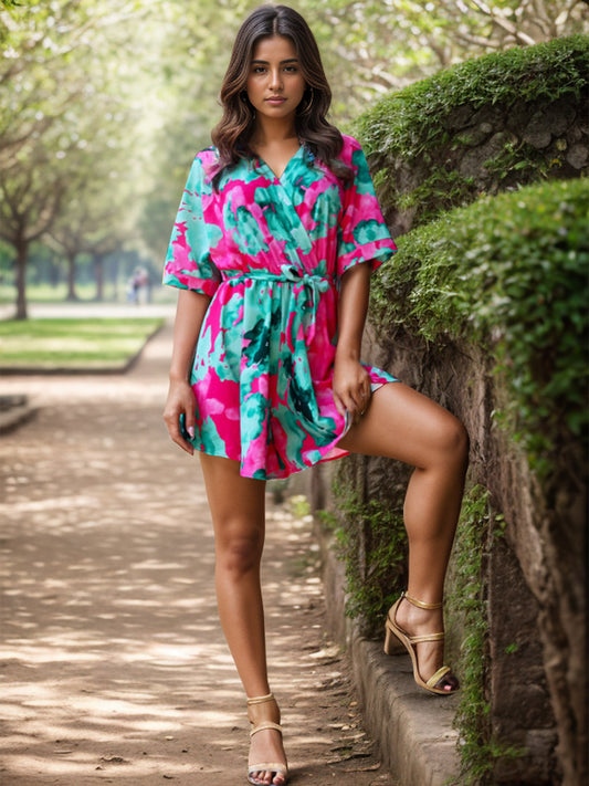 Blue Zone Planet |  Printed Surplice Half Sleeve Romper BLUE ZONE PLANET
