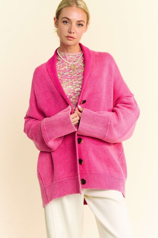 Davi & Dani Shawl Collar Ribbed Detail Button Up Cardigan-TOPS / DRESSES-[Adult]-[Female]-Hot Pink-S-2022 Online Blue Zone Planet