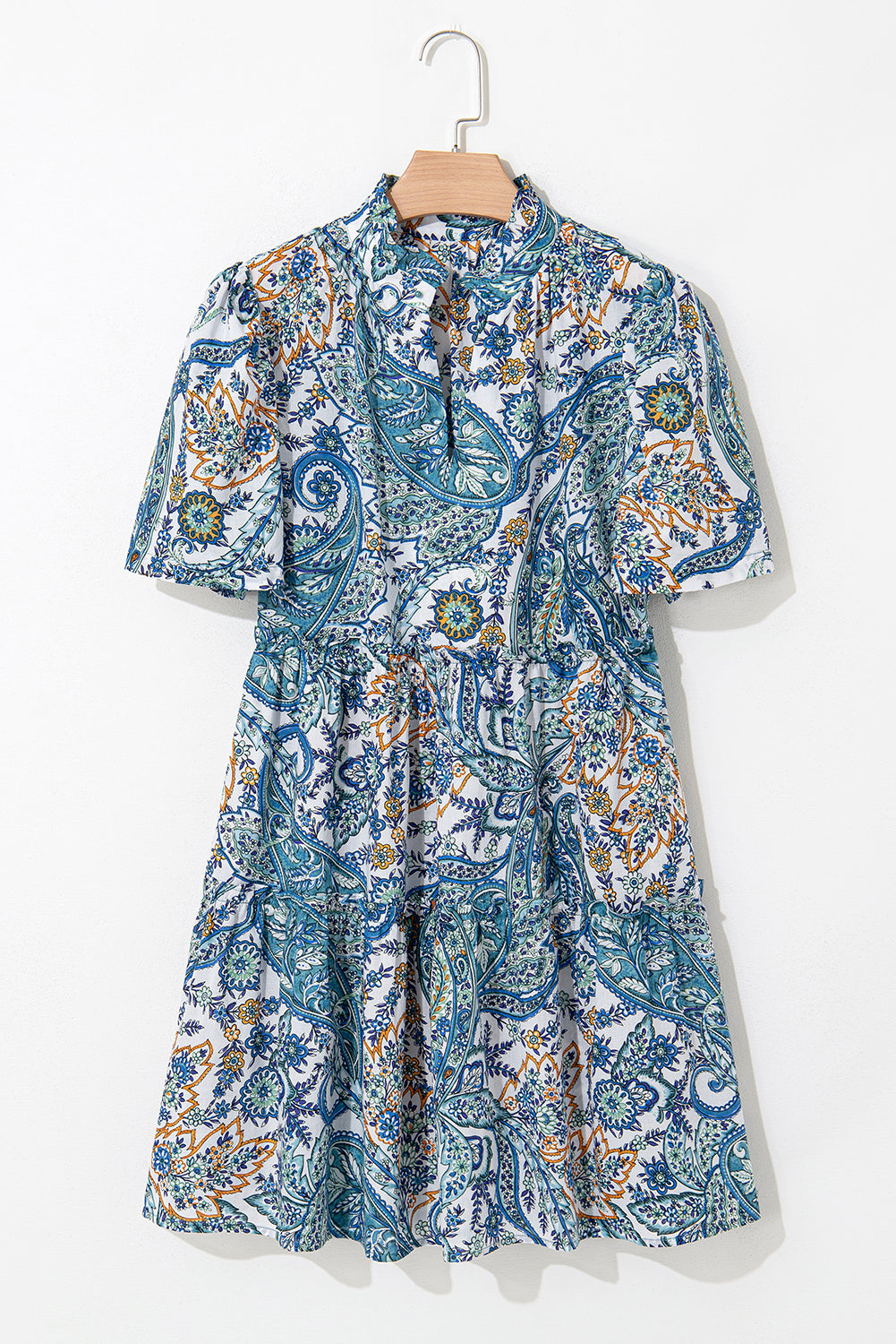 Blue Bohemian Paisley Floral V Neck Short Sleeve Mini Dress-TOPS / DRESSES-[Adult]-[Female]-2022 Online Blue Zone Planet
