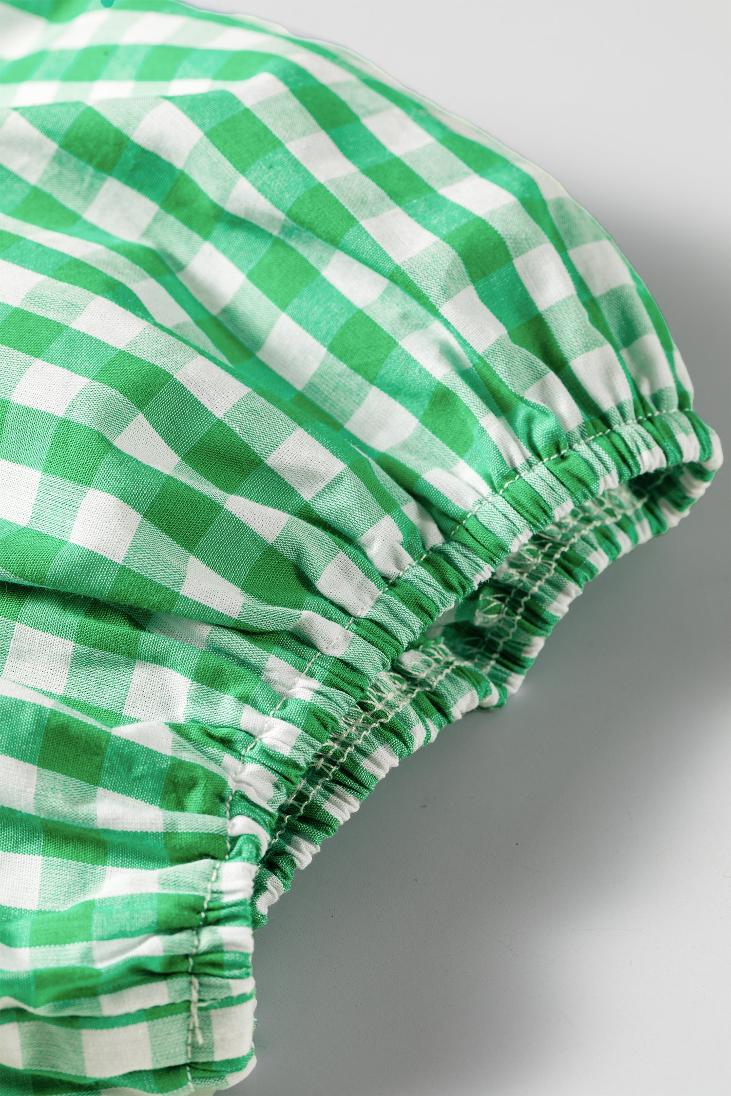 Green Gingham Plaid Bubble Sleeve Colorblock Trim V Neck Blouse-Tops/Blouses & Shirts-[Adult]-[Female]-2022 Online Blue Zone Planet