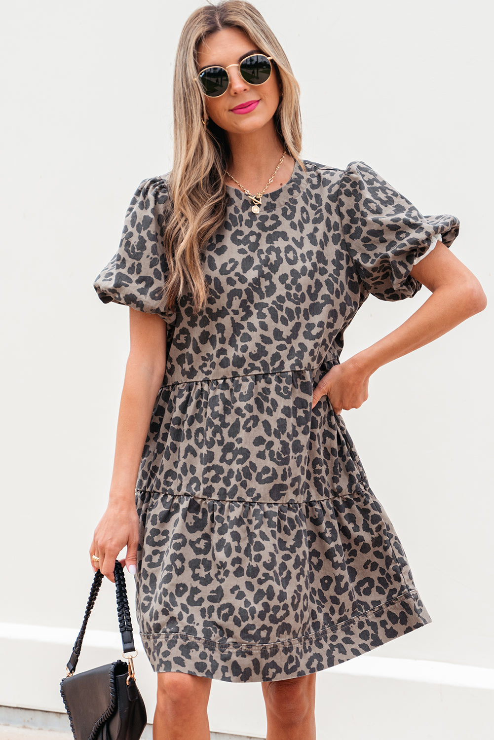 Brown Denim Leopard Printed Short Puff Sleeve Mini Dress-TOPS / DRESSES-[Adult]-[Female]-2022 Online Blue Zone Planet