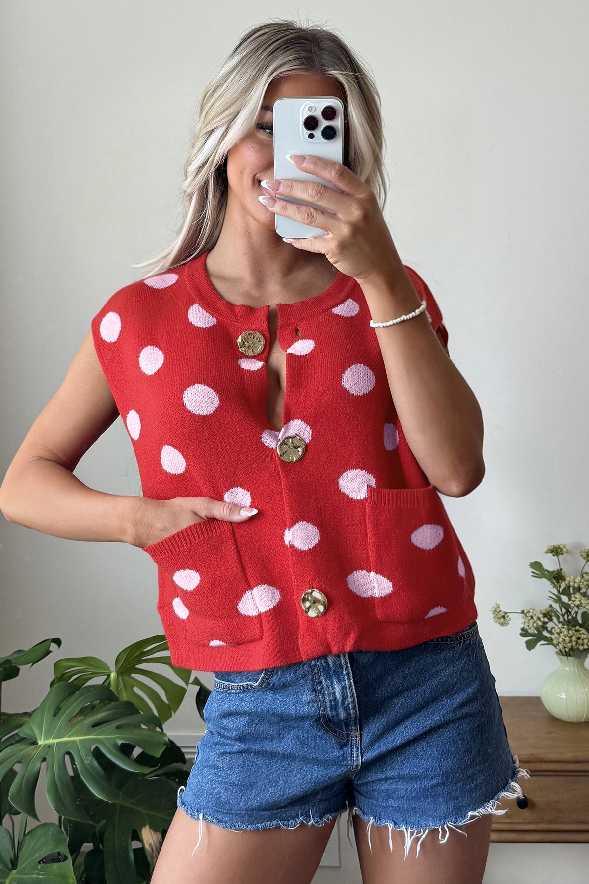 Red Polka Dot Sleeveless Knit Button Drop Shoulder Sweater Vest-TOPS / DRESSES-[Adult]-[Female]-2022 Online Blue Zone Planet