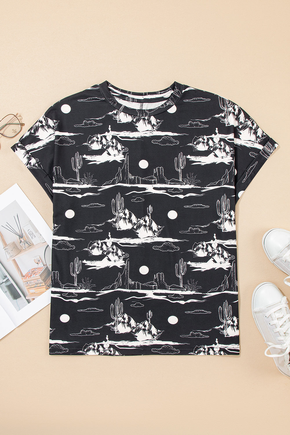 Chestnut Desert Sand Print Short Sleeve Knit Top-Tops/Tops & Tees-[Adult]-[Female]-2022 Online Blue Zone Planet