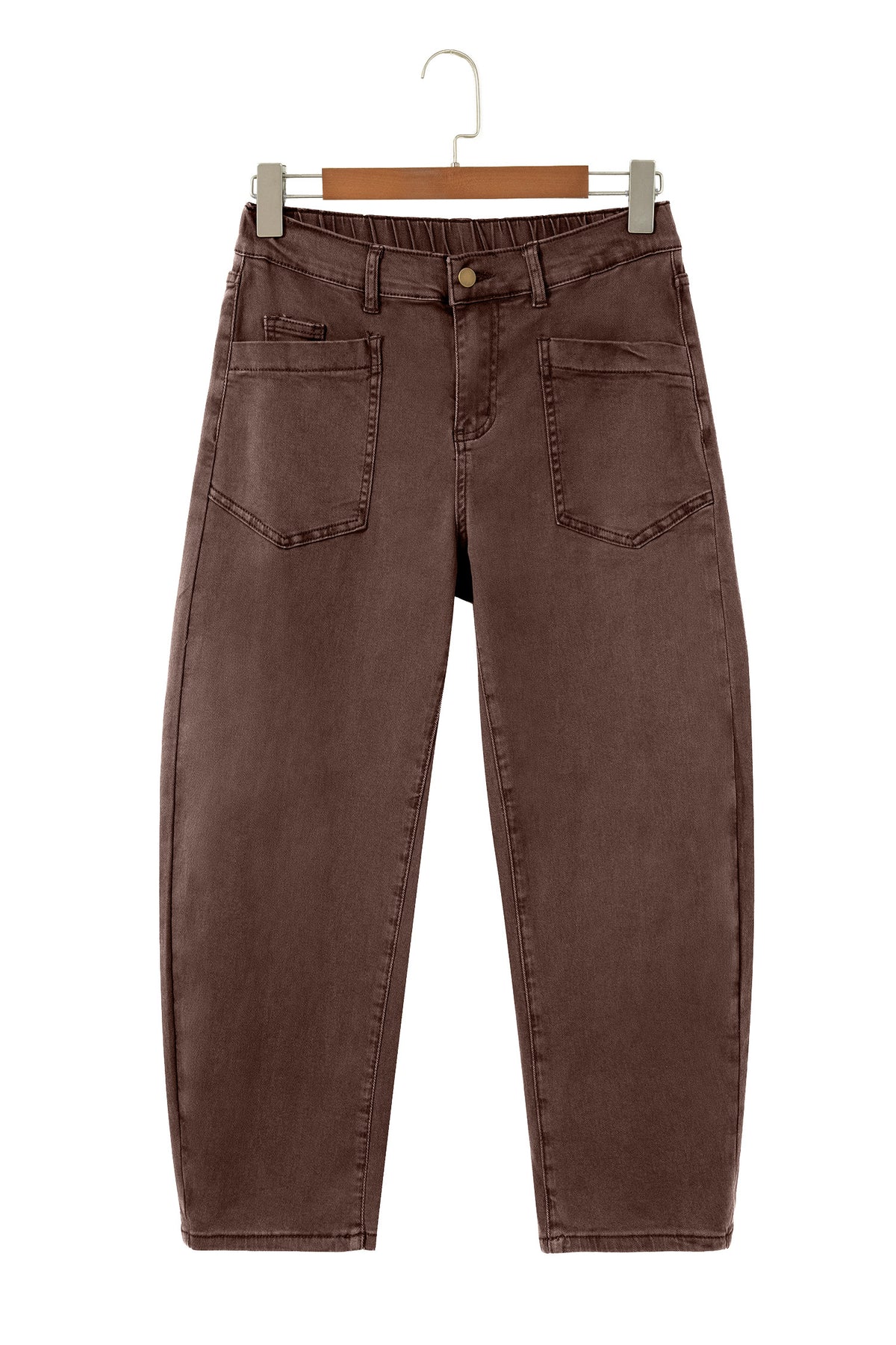 Coffee Solid Color Square Patch Pocket Ankle-length Barrel Jeans-Bottoms/Jeans-[Adult]-[Female]-2022 Online Blue Zone Planet