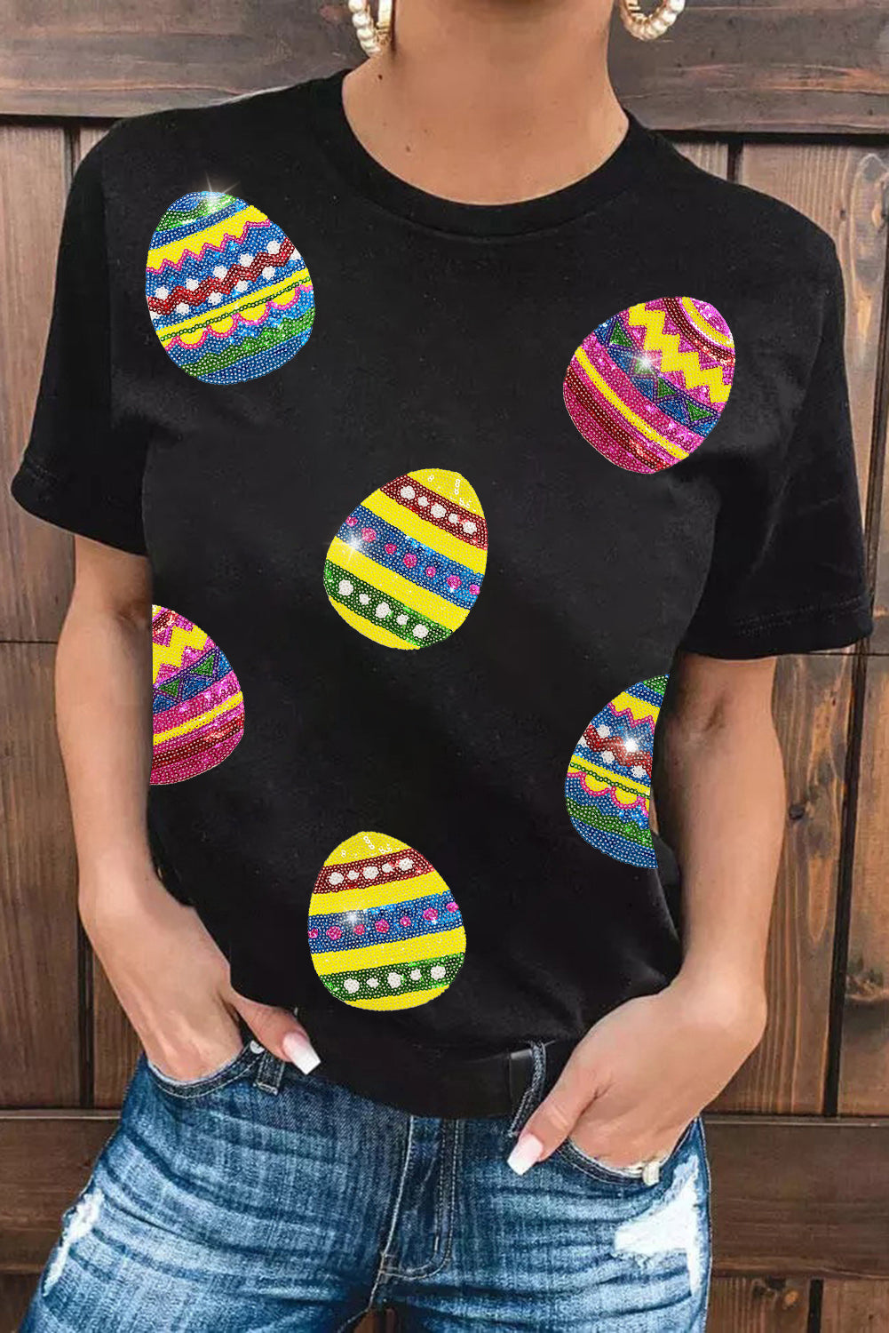 Black Shimmer Easter Eggs Print T-shirt-Graphic/Graphic Tees-[Adult]-[Female]-Black-S-2022 Online Blue Zone Planet