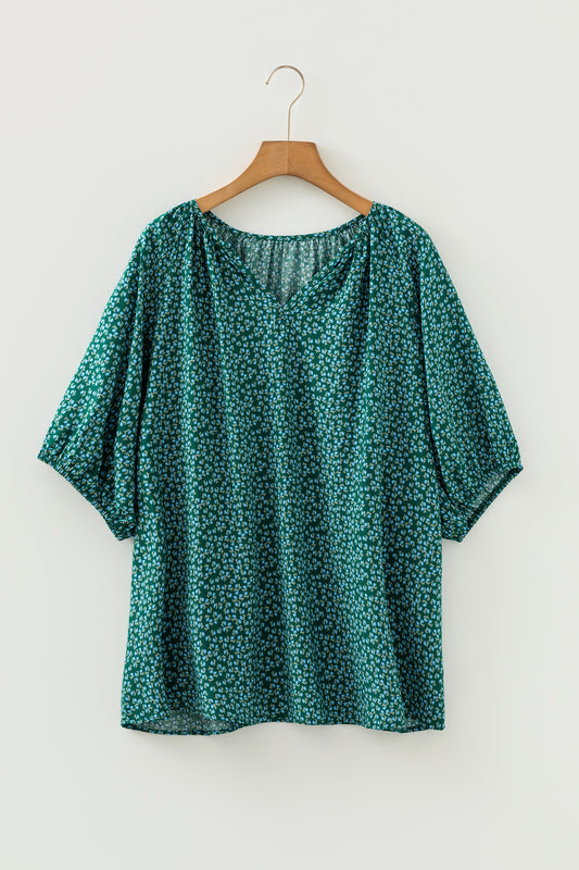 Green Boho Chic Notched V Neck Plus Floral Short Sleeve Top-Plus Size/Plus Size Tops/Plus Size Tops & Tees-[Adult]-[Female]-2022 Online Blue Zone Planet