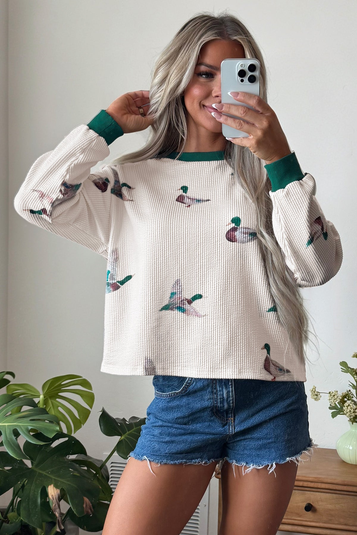 Beige Twisted Ribbed Duck Print Crewneck Casual Pullover Top-Tops/Long Sleeve Tops-[Adult]-[Female]-2022 Online Blue Zone Planet