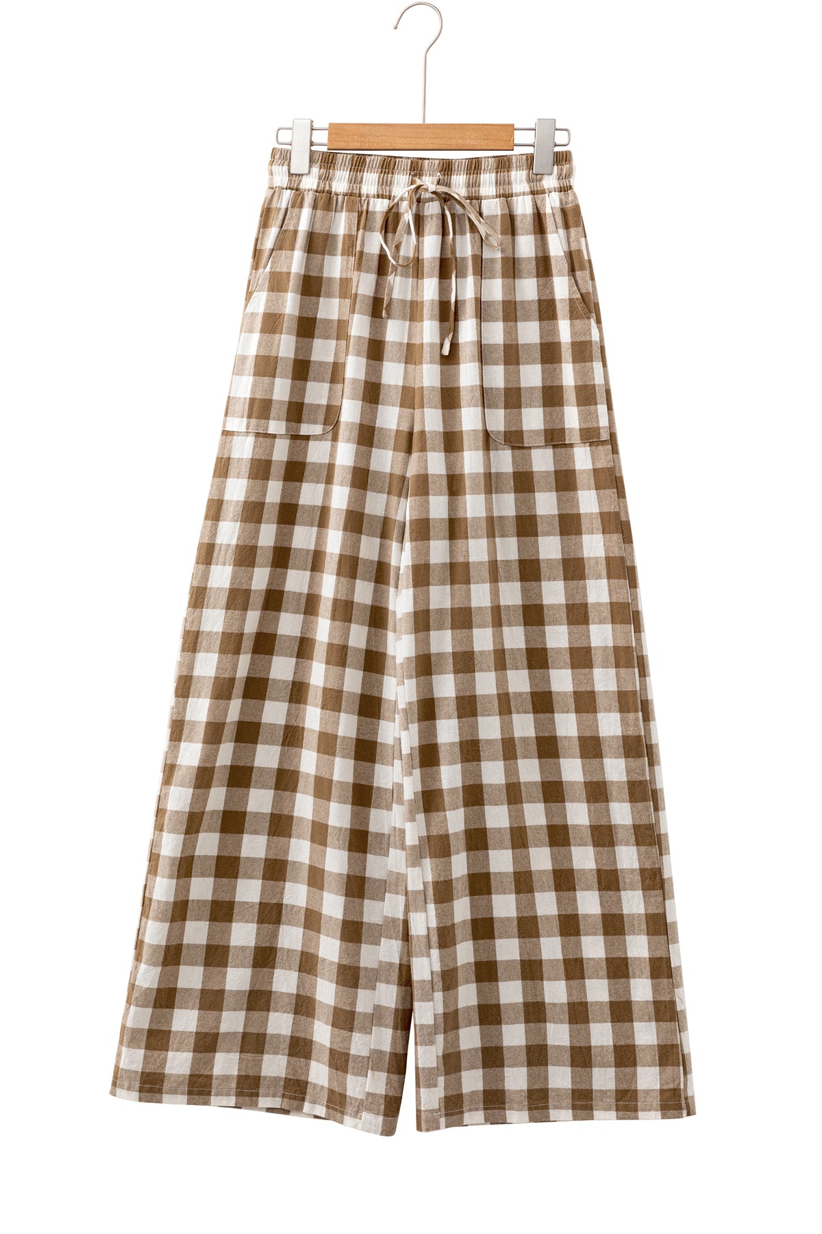 Brown Gingham Plaid Tie Elastic Waist Shift Pants-Bottoms/Pants & Culotte-[Adult]-[Female]-2022 Online Blue Zone Planet