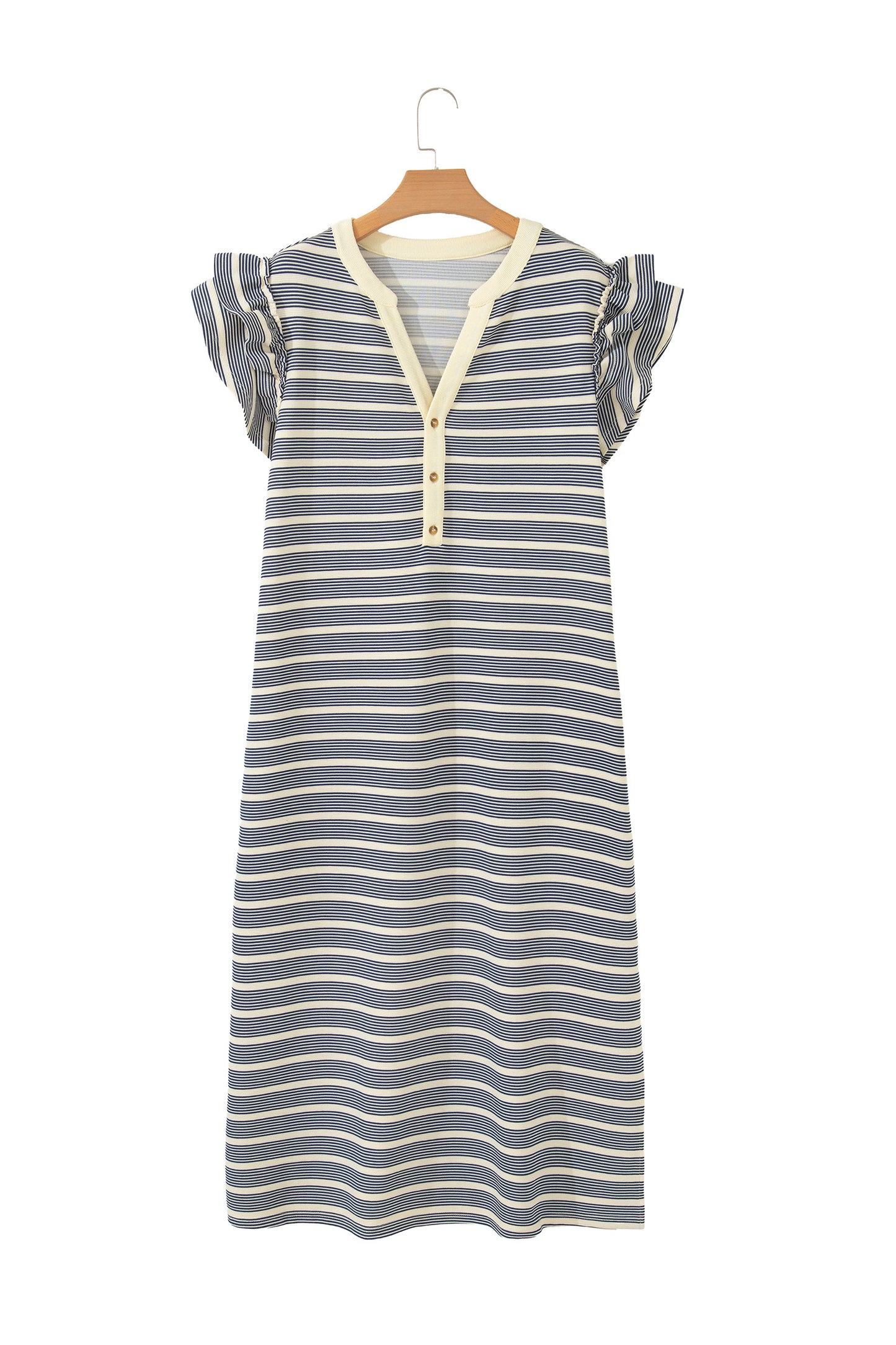 Blue Stripe Plus Size Contrast Trim Button V Neck Ruffle Sleeve Shift Dress-TOPS / DRESSES-[Adult]-[Female]-2022 Online Blue Zone Planet