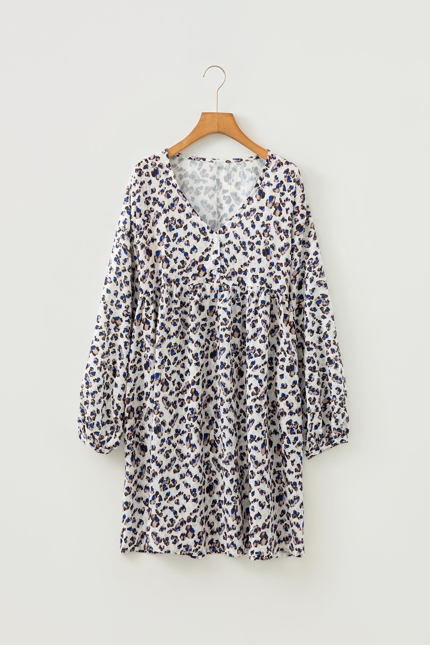 Multicolour Leopard Print V Neck Button Detail Long Sleeve Mini Dress-TOPS / DRESSES-[Adult]-[Female]-2022 Online Blue Zone Planet