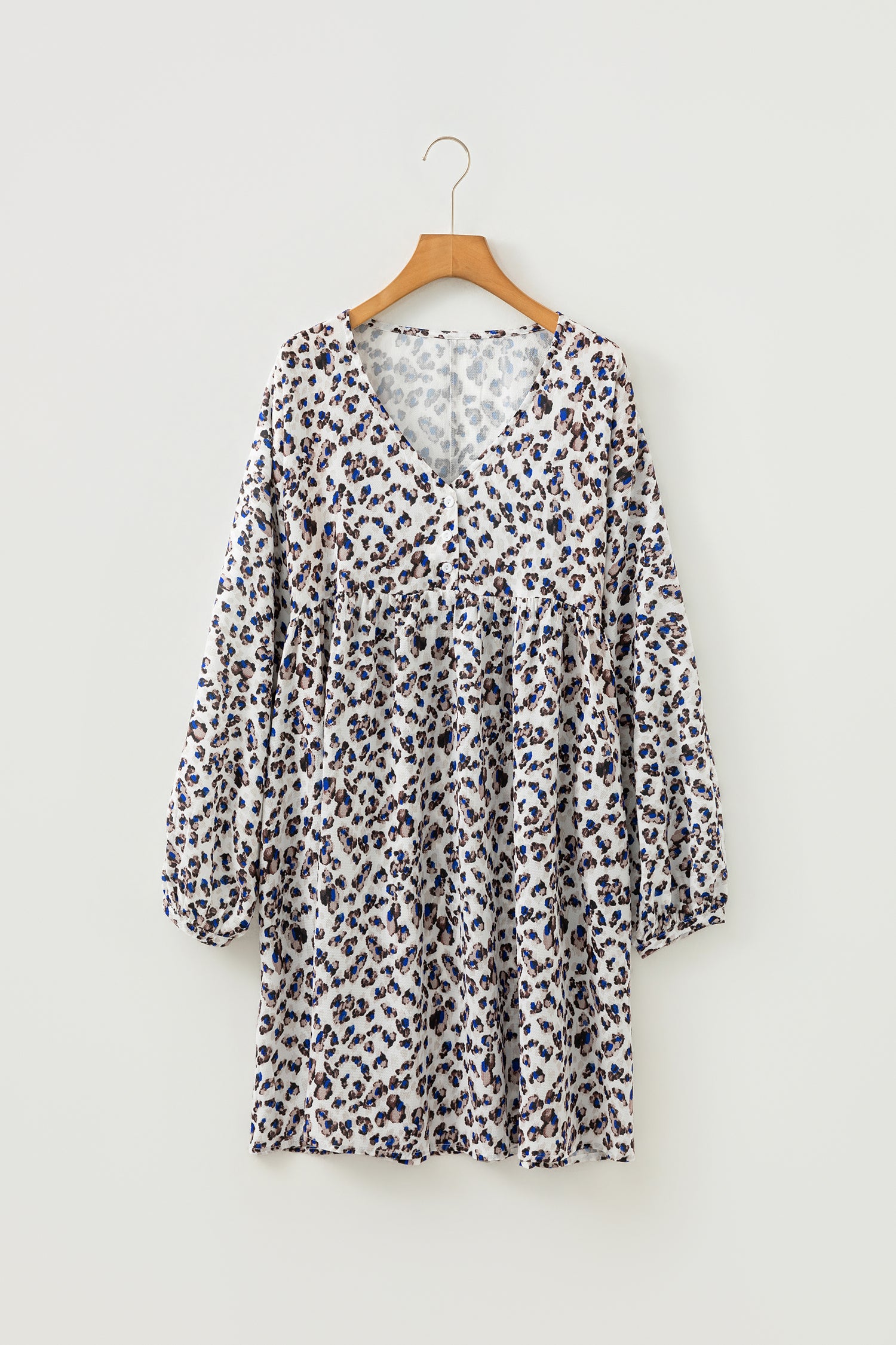 Multicolour Leopard Print V Neck Button Detail Long Sleeve Mini Dress-TOPS / DRESSES-[Adult]-[Female]-2022 Online Blue Zone Planet