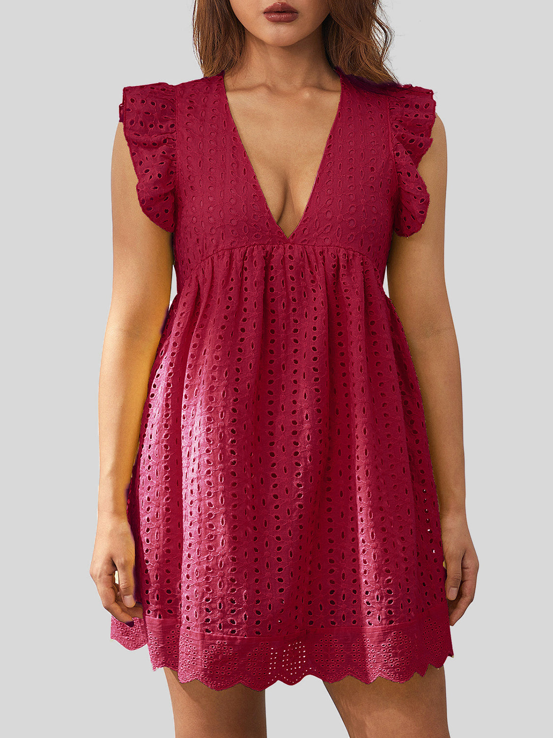 Ruffled Eyelet Cap Sleeve Mini Dress-TOPS / DRESSES-[Adult]-[Female]-Hot Pink-S-2022 Online Blue Zone Planet