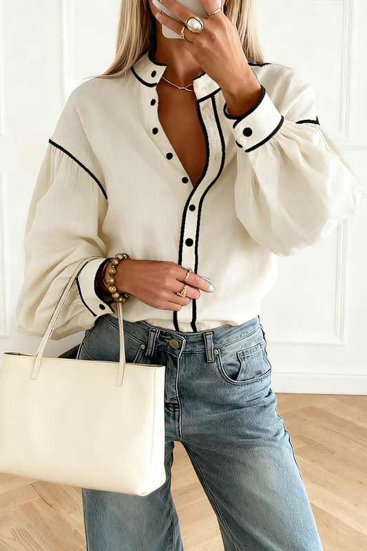 Beige Contrast Color Trim Button Down Long Puff Sleeve Shirt-Tops/Blouses & Shirts-[Adult]-[Female]-Beige-S-2022 Online Blue Zone Planet