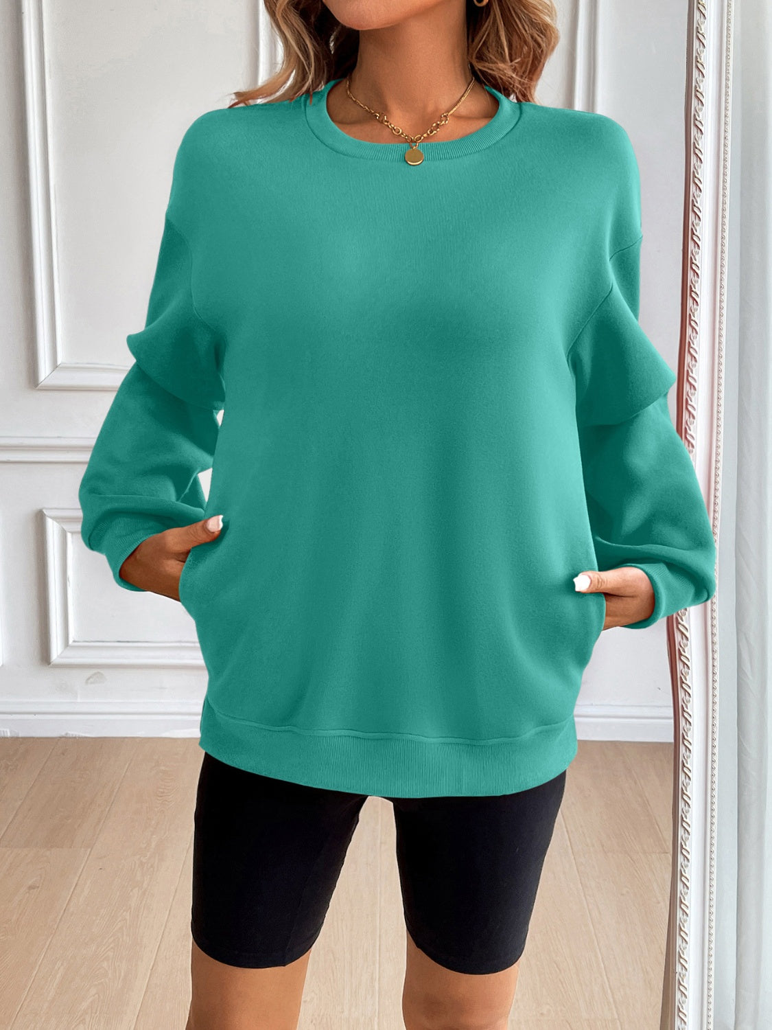 Ivy Lane Round Neck Long Sleeve Sweatshirt-TOPS / DRESSES-[Adult]-[Female]-Teal-S-2022 Online Blue Zone Planet