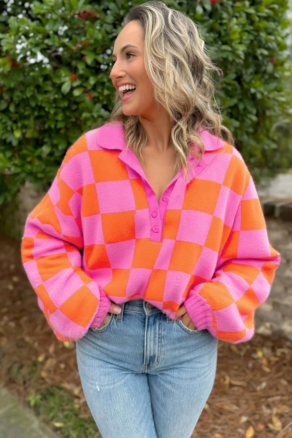 Sachet Pink Checkered Knit Polo Collar Baggy Sweater-TOPS / DRESSES-[Adult]-[Female]-2022 Online Blue Zone Planet