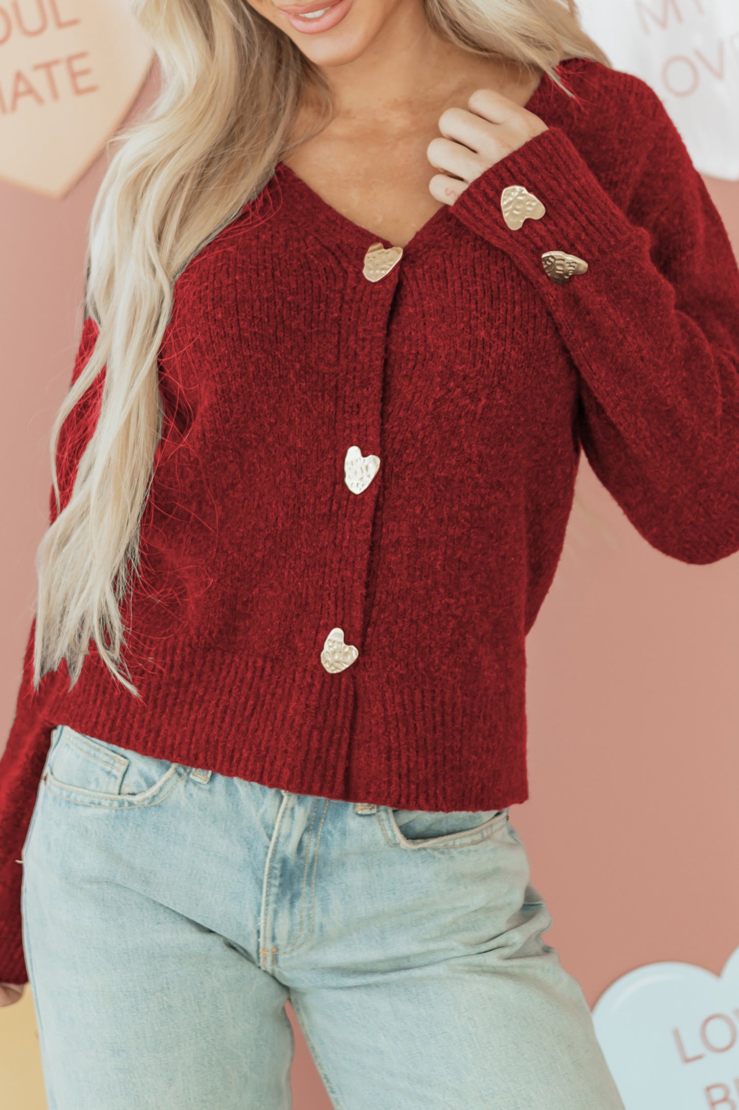 Fiery Red Heart Metal Button V Neck Cardigan Sweater-TOPS / DRESSES-[Adult]-[Female]-2022 Online Blue Zone Planet