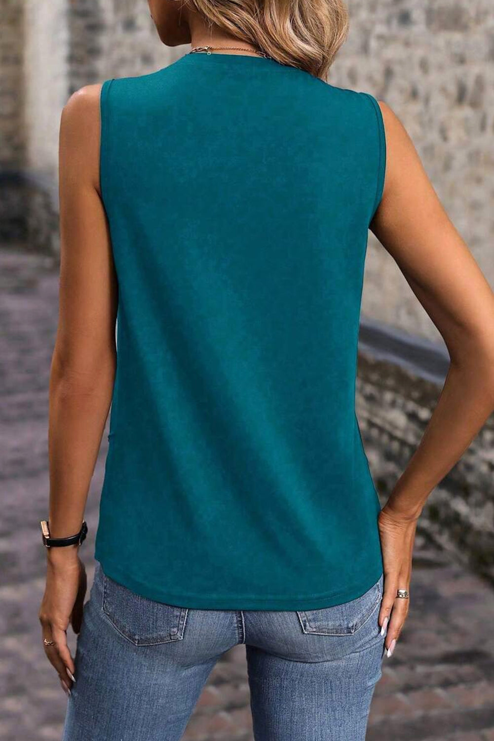 Blue Sapphire Solid Color Stitching Detail Round Neck Tank Top-Tops/Tank Tops-[Adult]-[Female]-2022 Online Blue Zone Planet