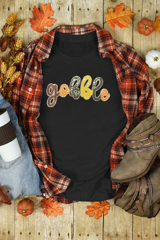 Black gobble Sequin Letter Graphic Thanksgiving T Shirt-Graphic/Graphic Tees-[Adult]-[Female]-Black-S-2022 Online Blue Zone Planet