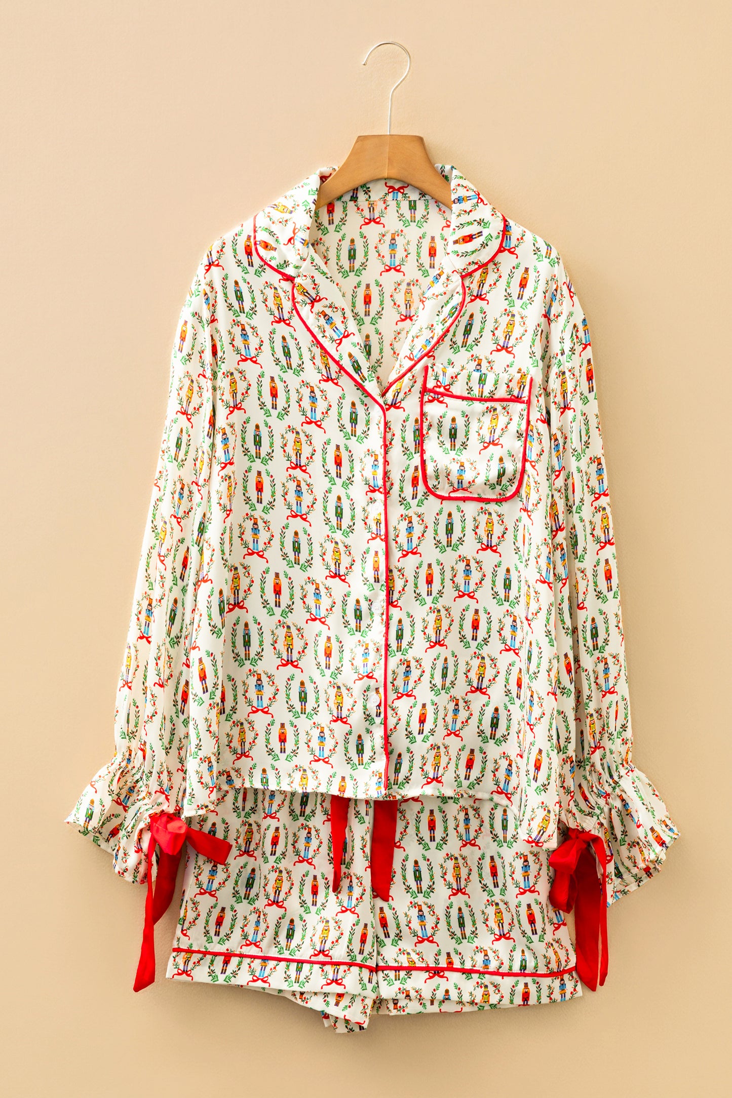 Beige Nutcracker Print Contrast Trim Tied up Bow Silky 2pcs Pajama Set-Loungewear & Sleepwear/Sleepwear-[Adult]-[Female]-2022 Online Blue Zone Planet