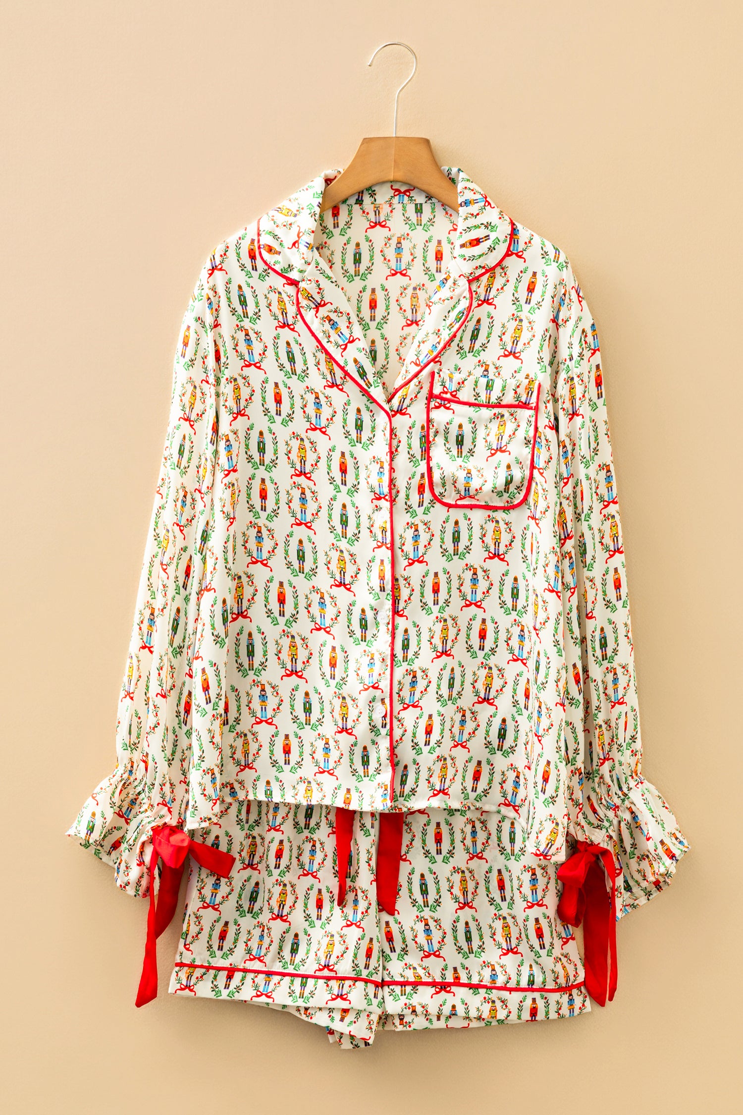 Beige Nutcracker Print Contrast Trim Tied up Bow Silky 2pcs Pajama Set-Loungewear & Sleepwear/Sleepwear-[Adult]-[Female]-2022 Online Blue Zone Planet