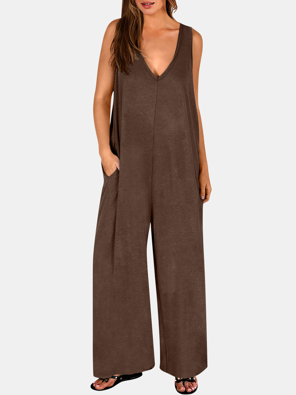 Full Size V-Neck Wide Strap Jumpsuit-TOPS / DRESSES-[Adult]-[Female]-Brown-S-2022 Online Blue Zone Planet