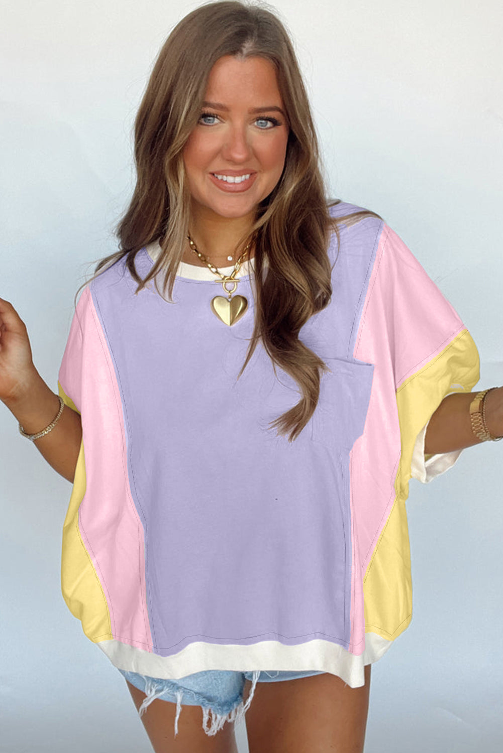 Purple Color Block Patchwork Half Sleeve Oversized T Shirt-Tops/Tops & Tees-[Adult]-[Female]-2022 Online Blue Zone Planet