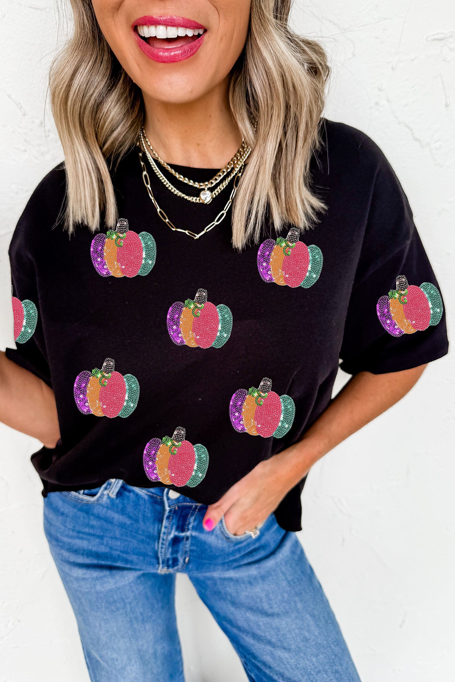 Black Sequined Pumpkin Graphic Round Neck Casual T Shirt-Graphic/Graphic Tees-[Adult]-[Female]-2022 Online Blue Zone Planet