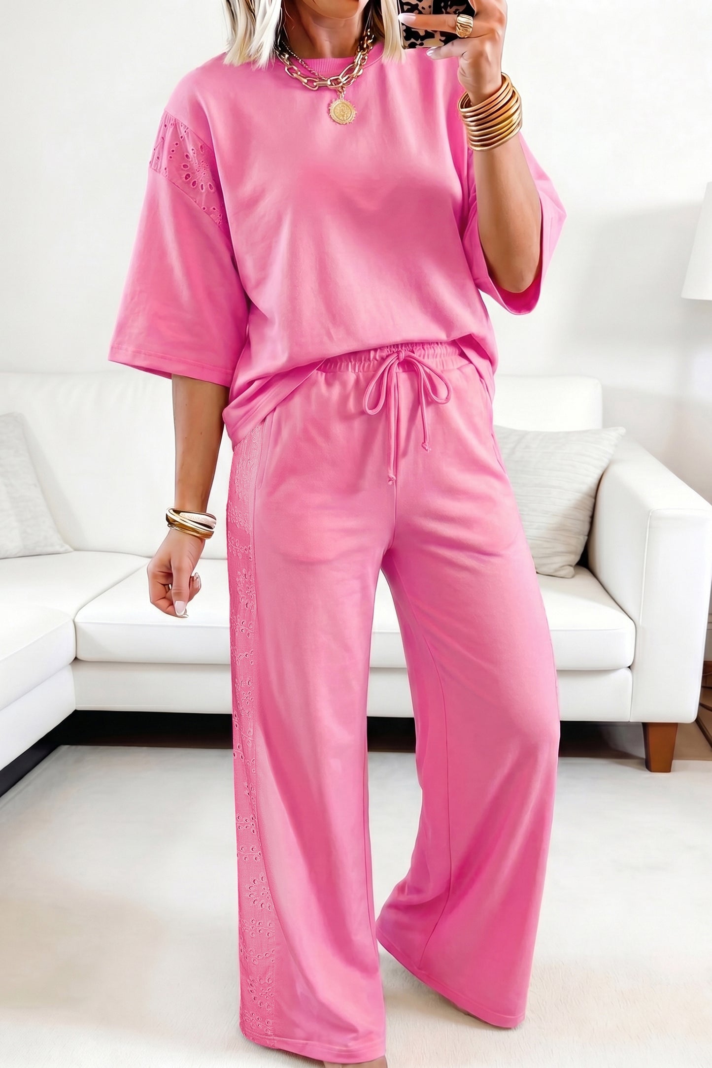 Light Green Lace Patchwork Half Sleeve Top Elastic Waist Pants Two Piece Set-Two Piece Sets/Pant Sets-[Adult]-[Female]-Sachet Pink-S-2022 Online Blue Zone Planet
