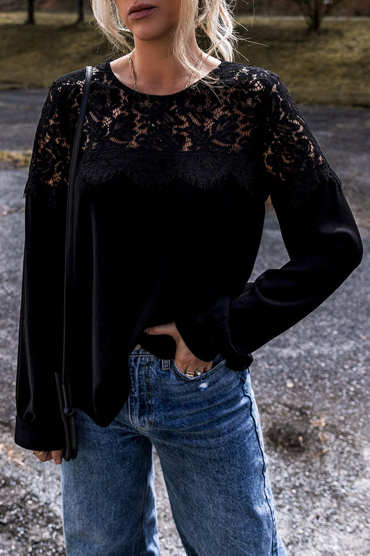 Black Lace Crochet Patchwork O Neck Long Sleeve Top-Tops/Long Sleeve Tops-[Adult]-[Female]-Black-S-2022 Online Blue Zone Planet