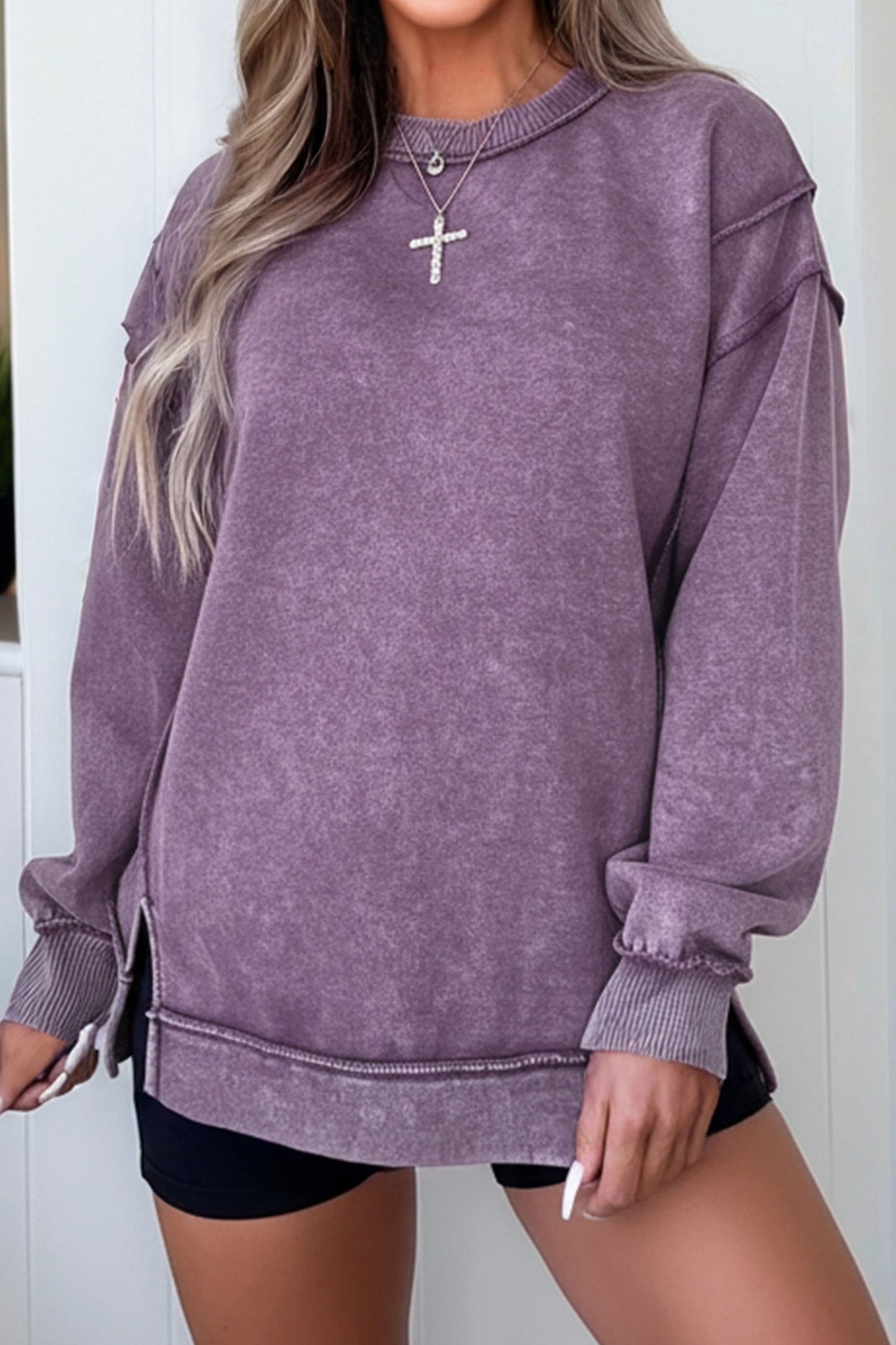 Valerian Mineral Wash Exposed Seam Side Slit Sweatshirt-Tops/Sweatshirts & Hoodies-[Adult]-[Female]-2022 Online Blue Zone Planet