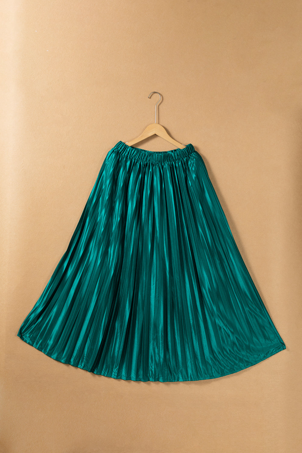 Blackish Green Satin Elastic Waist Pleated Maxi Skirt-Bottoms/Skirts & Petticoat-[Adult]-[Female]-2022 Online Blue Zone Planet