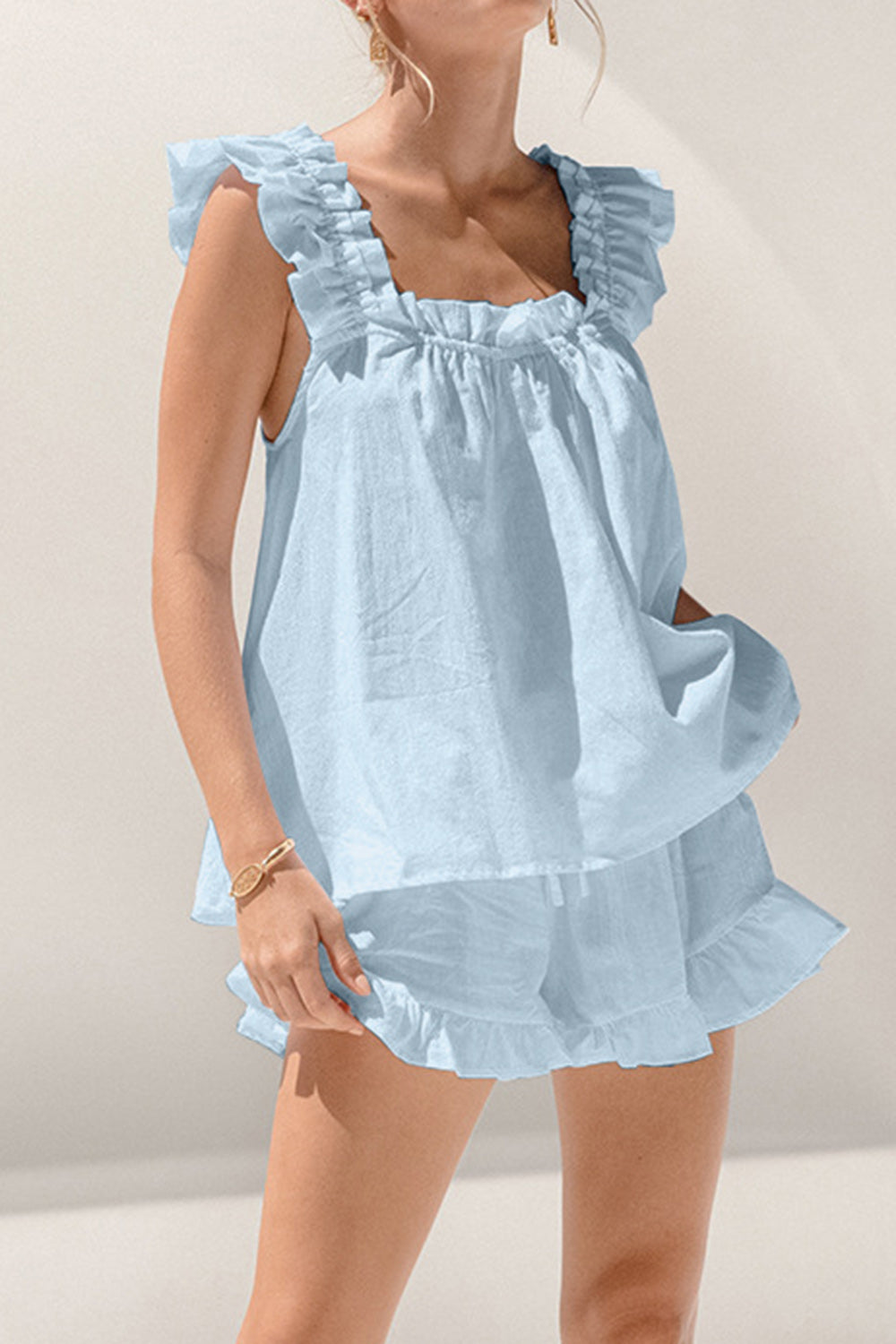 Blue Zone Planet | Ruffled Square Neck Top and Shorts Set-TOPS / DRESSES-[Adult]-[Female]-Aqua-S-2022 Online Blue Zone Planet