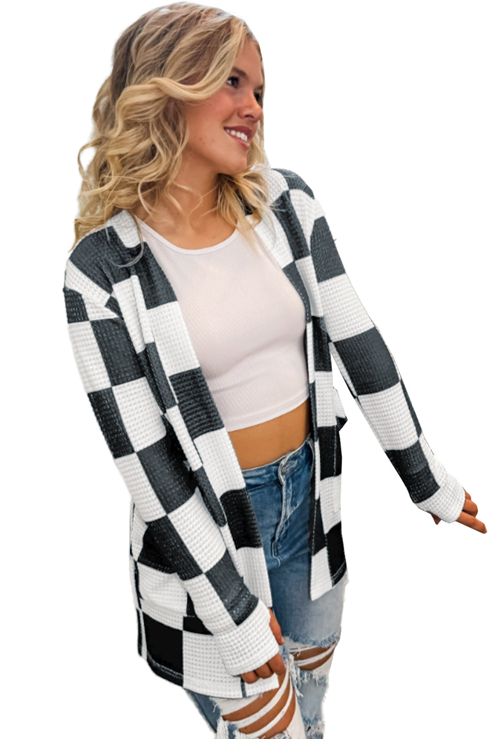 Blue Zone Planet | Black Checkered Waffle Knit Thumbhole Long Sleeve Cardigan-Cardigans-[Adult]-[Female]-2022 Online Blue Zone Planet