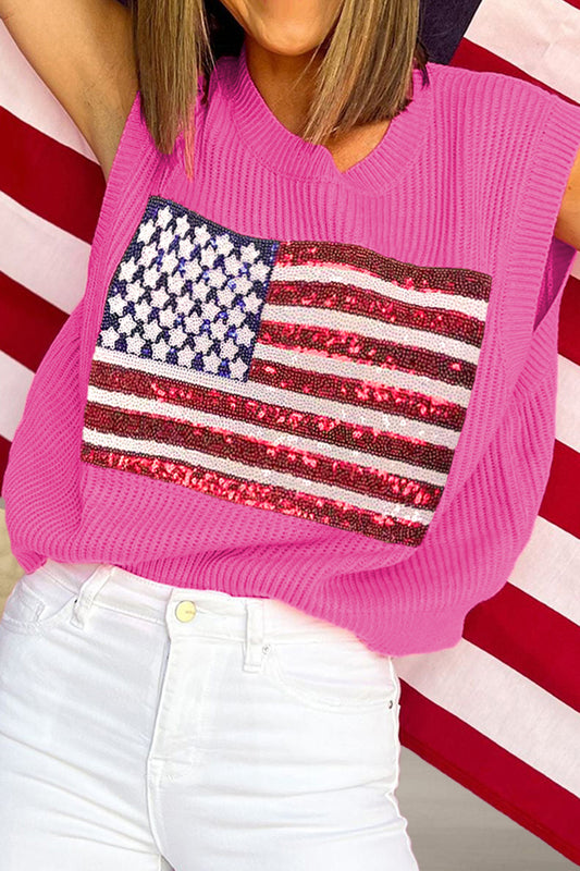 Sequin US Flag Round Neck Sweater Vest-TOPS / DRESSES-[Adult]-[Female]-Fuchsia Pink-S-2022 Online Blue Zone Planet