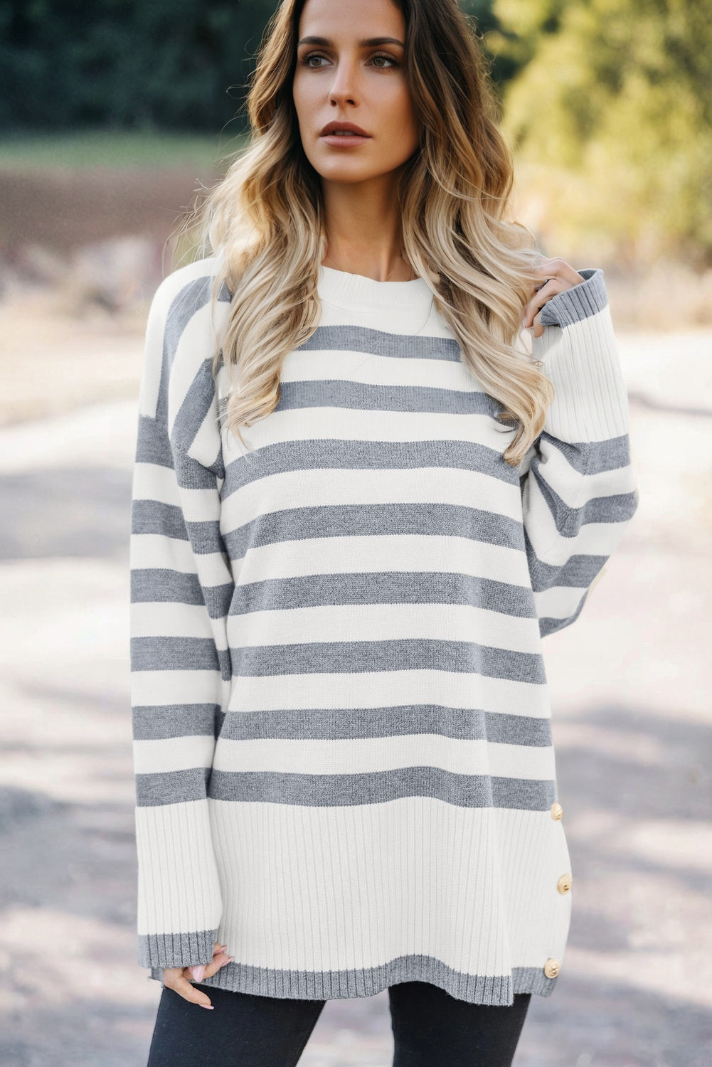Gray Stripe Ribbed Buttoned Detail Drop Shoulder Tunic Sweater-TOPS / DRESSES-[Adult]-[Female]-2022 Online Blue Zone Planet