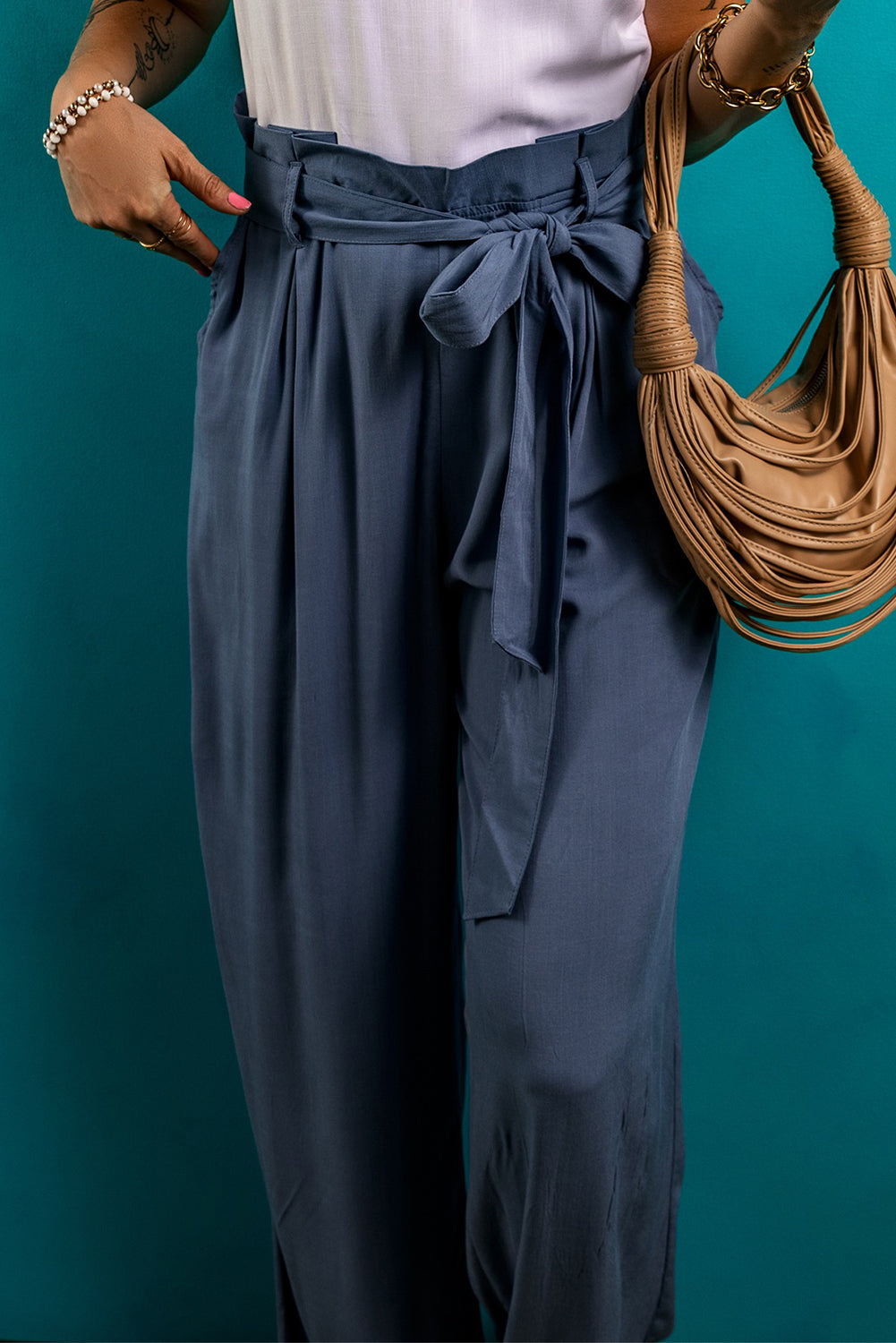 Blue Zone Planet | Tied Wide Leg Pants with Pockets-BOTTOMS SIZES SMALL MEDIUM LARGE-[Adult]-[Female]-2022 Online Blue Zone Planet