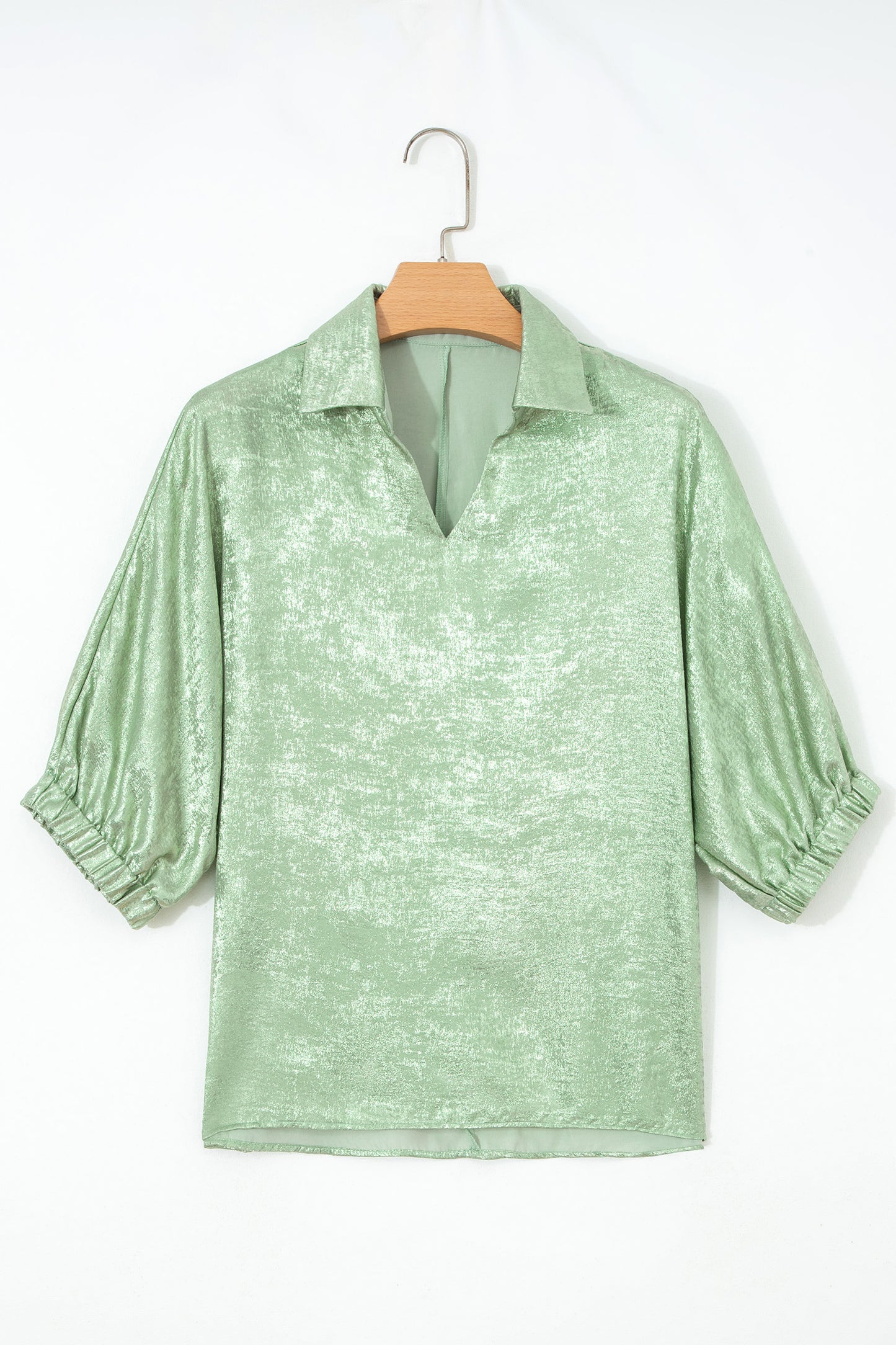 Clearly Aqua Collared V Neck Half Sleeve Metallic Top-Tops/Blouses & Shirts-[Adult]-[Female]-2022 Online Blue Zone Planet