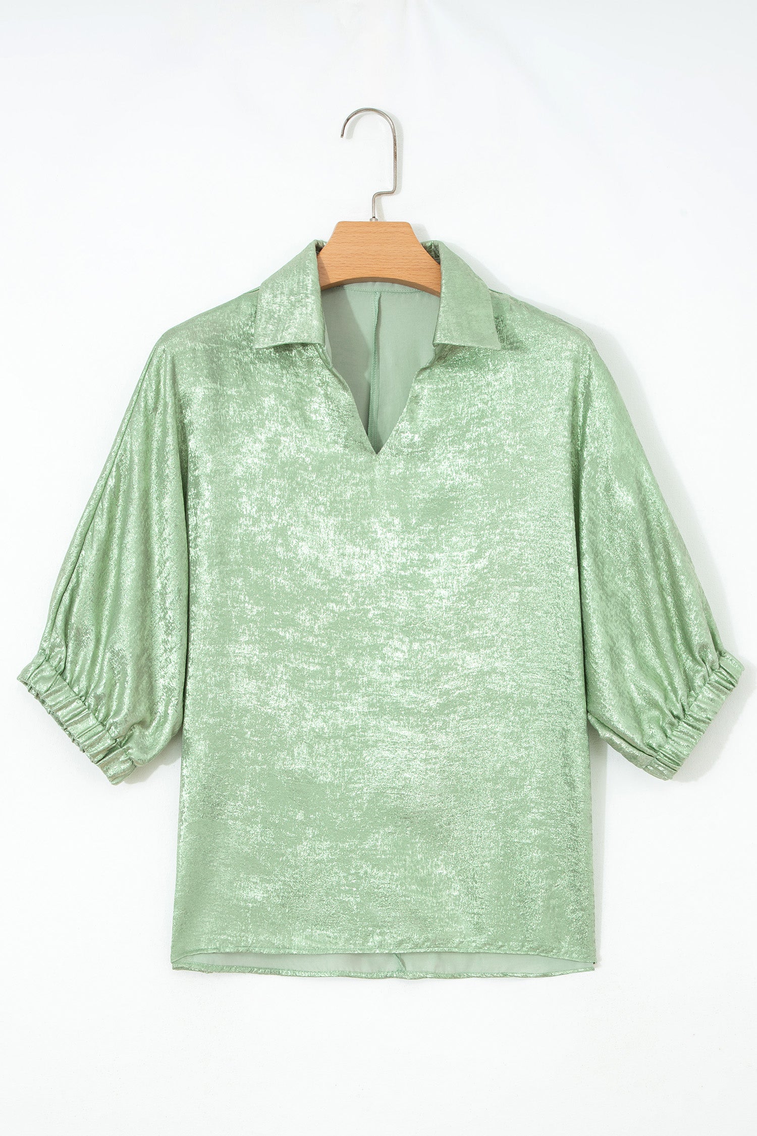 Clearly Aqua Collared V Neck Half Sleeve Metallic Top-Tops/Blouses & Shirts-[Adult]-[Female]-2022 Online Blue Zone Planet