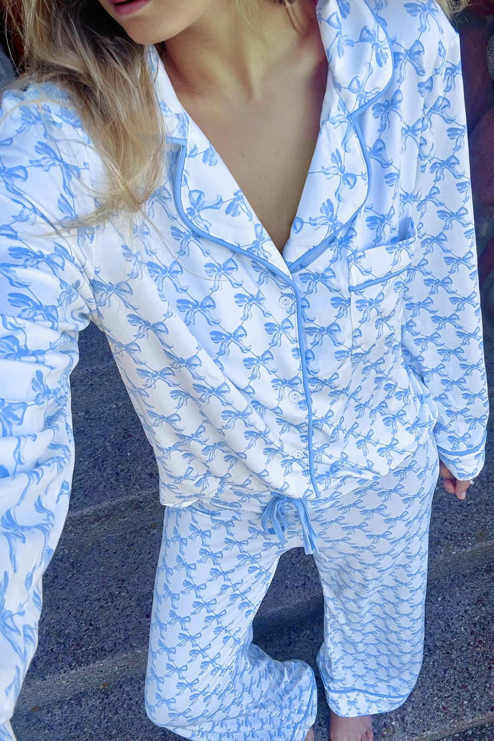 Sky Blue Bow Print Long Sleeve Shirt and Pants Soft Pajama Set-Loungewear & Sleepwear/Sleepwear-[Adult]-[Female]-2022 Online Blue Zone Planet