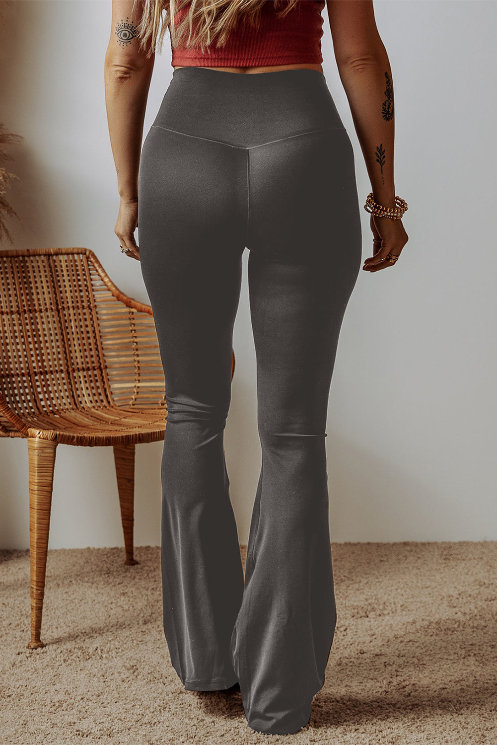 Black V Shape High Waist Flared Leggings-Bottoms/Leggings-[Adult]-[Female]-2022 Online Blue Zone Planet