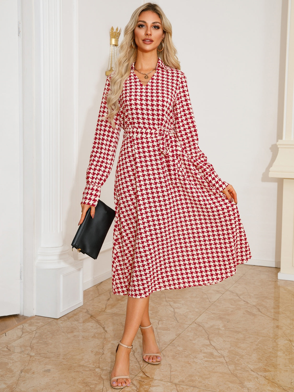 Tied Houndstooth Long Sleeve Midi Dress-TOPS / DRESSES-[Adult]-[Female]-2022 Online Blue Zone Planet