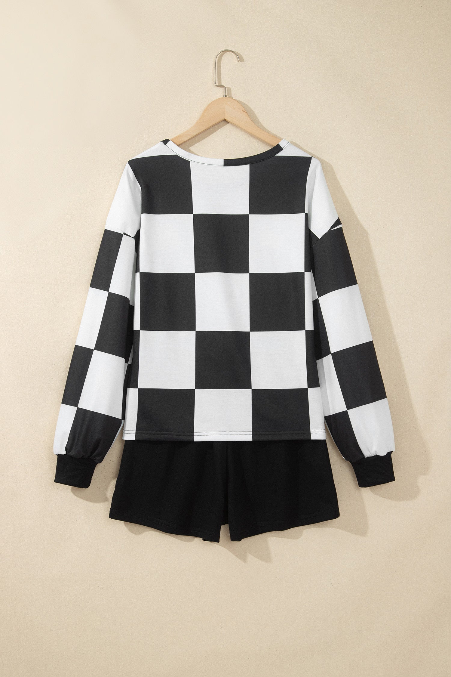Khaki Checkerboard Plaid Long Sleeve Solid Color Shorts 2pcs Set-Two Piece Sets/Short Sets-[Adult]-[Female]-2022 Online Blue Zone Planet