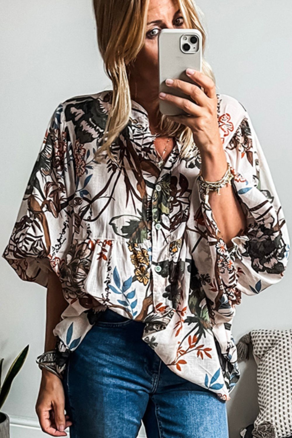 Blue Zone Planet | Printed Notched Flounce Sleeve Blouse-TOPS / DRESSES-[Adult]-[Female]-2022 Online Blue Zone Planet