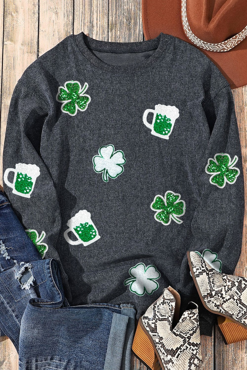 Lucky Clover Beer Sequin Round Neck Sweatshirt-TOPS / DRESSES-[Adult]-[Female]-2022 Online Blue Zone Planet