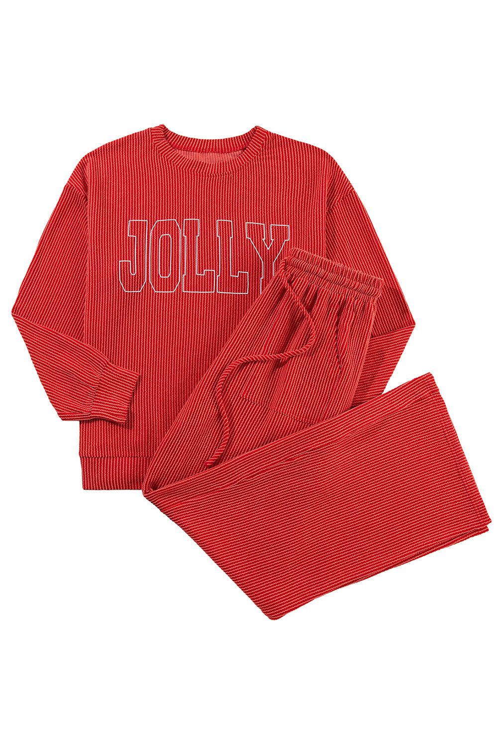 Fiery Red Crinkle Rib JOLLY Pattern Long Sleeve Top and Pockets Pants Set-Two Piece Pants Sets-[Adult]-[Female]-2022 Online Blue Zone Planet