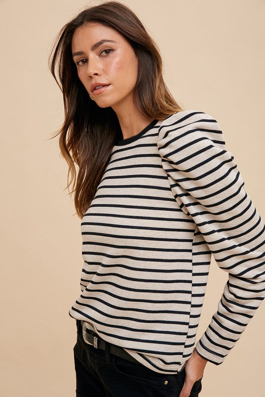 Annie Wear Striped Round Neck Puff Sleeve French Terry Top-TOPS / DRESSES-[Adult]-[Female]-2022 Online Blue Zone Planet