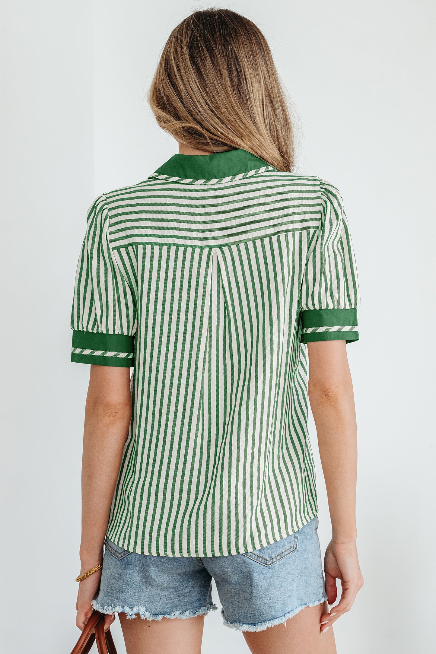 Green Stripe Collared Split Neck Short Bubble Sleeve Blouse-Tops/Blouses & Shirts-[Adult]-[Female]-2022 Online Blue Zone Planet